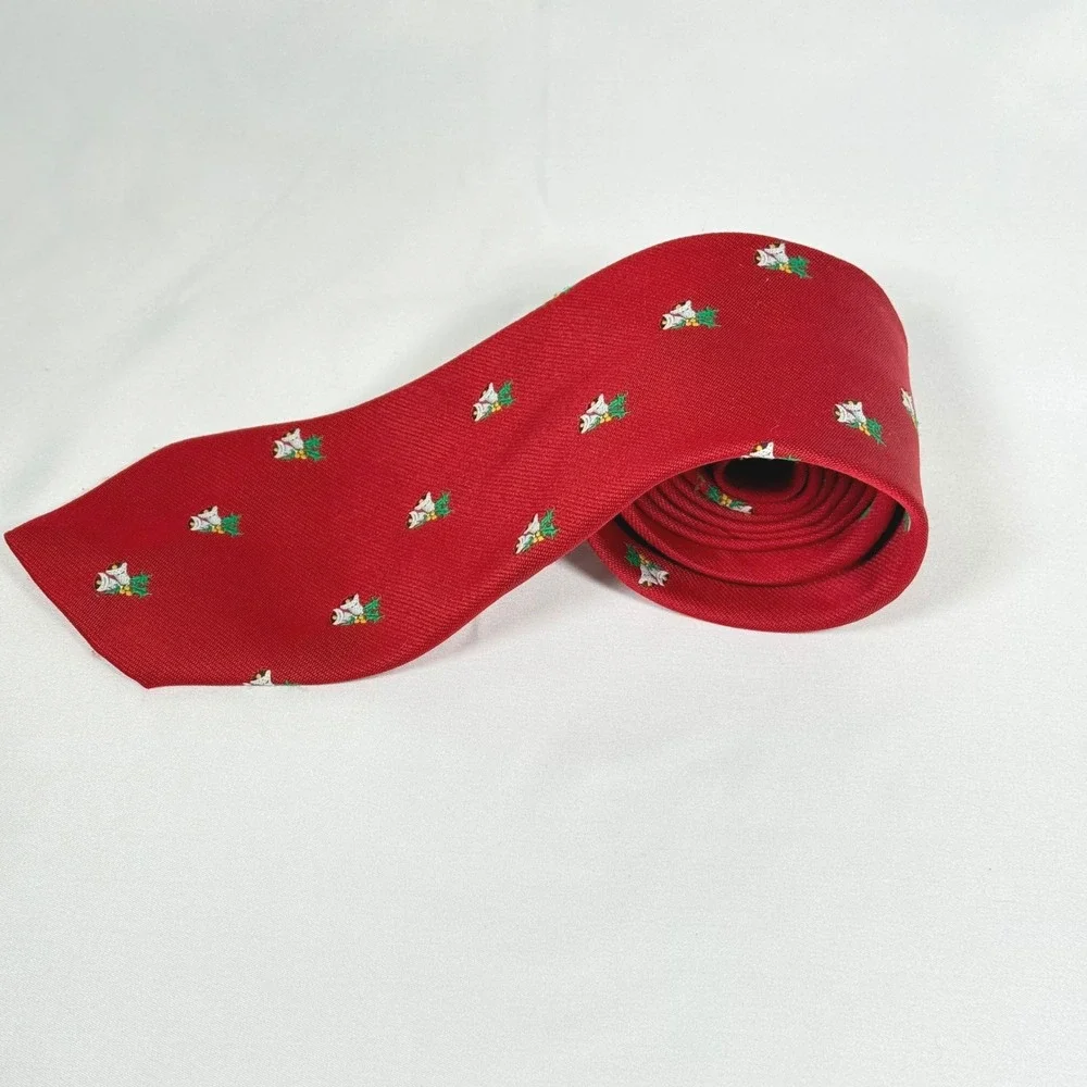 Christmas Necktie Mens Red Bells Holly Holiday Festive Silk-Look